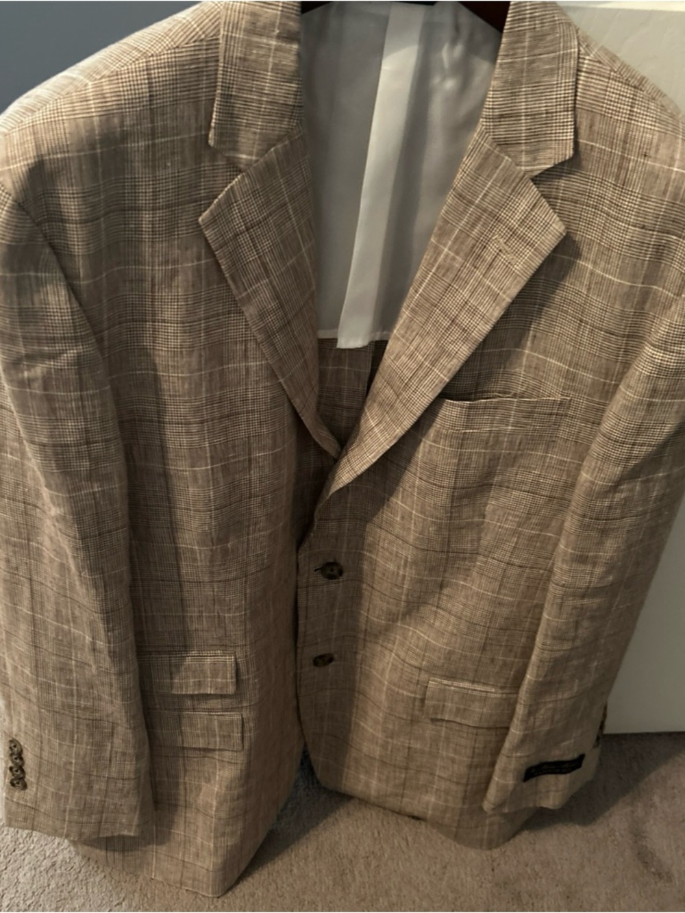 Brooks Brothers Men's Tan Plaid Linen Blend Blazer Tailored Sport coat, 44R